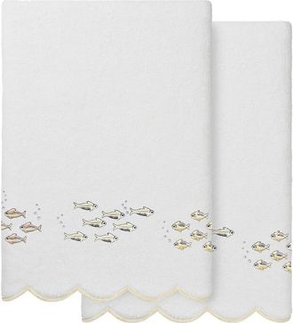 Linum Home Textiles 100% Turkish Cotton Fish School Scallop 2Pc Embellished Bath Towel Set
