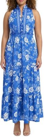 London Times Floral Print Tiered Maxi Dress in Blue/White at Nordstrom Rack, Size 22W