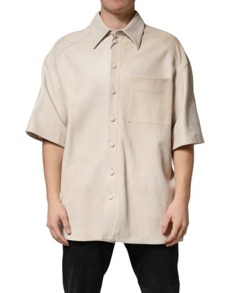 Dolce & Gabbana Beige Leather Button Down Men Casual Mens Shirt (Pre-Owned)