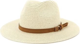Generic Men Women Fedora Hats Belt Buckle Wide Brim Solid Color Sun Protection Summer Crochet Panama Hat Unisex Travel Hiking Beach Hats Beige