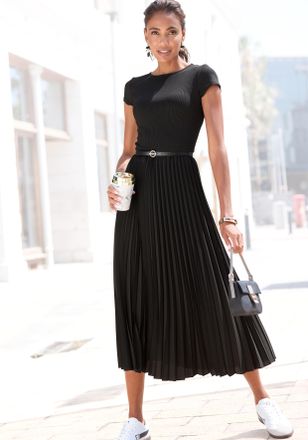 Lascana Midikleid LASCANA, Damen, Gr. 34, N-Gr, schwarz, Obermaterial: 100% Polyester. Obermaterial 2: 100% Polyester, unifarben, figurumspielend Midi, Rundha