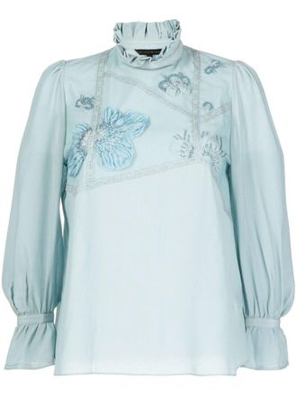 Shiatzy Chen floral-appliqu&eacute; crop-sleeve blouse - women - Mulberry Silk/Polyamide/Polyamide/Mulberry Silk - 38 - Blue