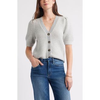 Caslon Links Puff Sleeve Wool Blend Cardigan in Grey Heather- Ivory Stripe at Nordstrom Rack, Size Xx-Large