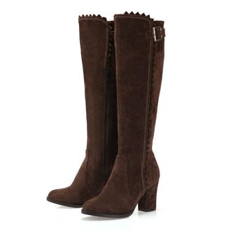 Generic Womens Chunky Block Heel Knee High Boots Buckle Side Zipper Round Toe Comfort Versatile Winter Shoes (Brown,5.5)