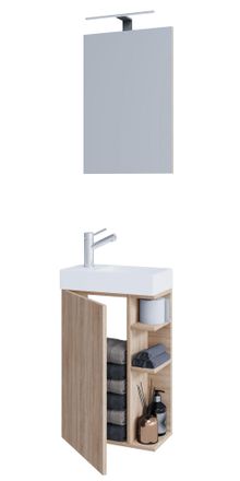 ebuy24 Ebuy24 - Set Vcm De 3 Piezas Lavadero Para Invitados Wc Ba&ntilde;o De Invitados Wc Lavabo Con Espejo Muebles De Ba&ntilde;o Set De Ba&ntilde;o - Lumia (sonoma Roble)
