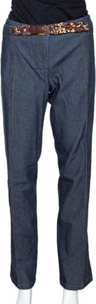 Roberto Cavalli Indigo Stretch Cotton Leopard Print Trim Pants