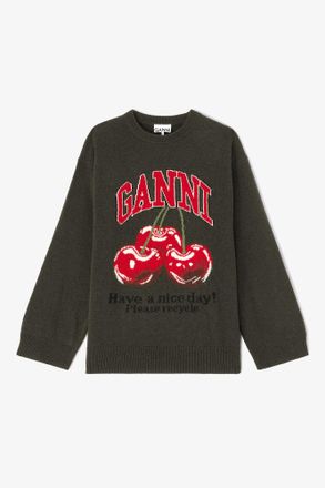 Ganni Green Oversized Graphic Sweater - Size XXS Wool