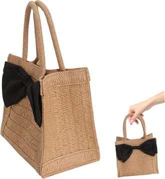 Yarnow Woven Straw Beach Bag with Bowknot Handbag Multipurpose Tote for Outdoor Travel and Daily Use Spacious Pouch for Mobile Wallet Cosmetics for Women