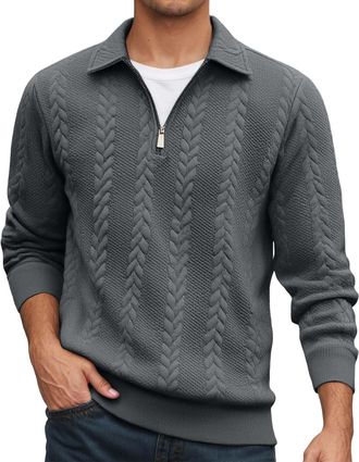 Generic Long Sleeve Polo Shirts Mens with Jacquard Pattern Quarter Zip Pullover Tops Solid Color Soft and Warm Polos for Outdoor Business Leisure Wear Ribbed 