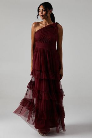 Oasis Womens Pleated Mesh One Shoulder Tiered Bridesmaids Dress - Berry - Size 16 UK