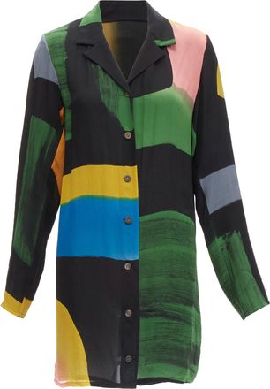 Issey Miyake silk colorblocked print long overshirt jacket
