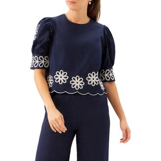 Karen Kane Embroidered Scallop Puff Sleeve Cotton Top in Navy at Nordstrom, Size X-Small