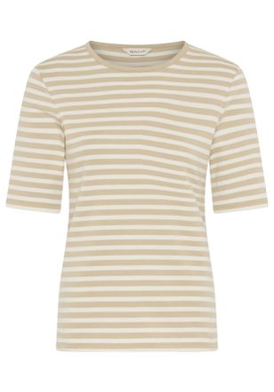 GANT T-Shirt GANT SLIM STRIPED 1X1 RIBBED KA T-SHIRT, Damen, Gr. XXL, grau (country beige), Jersey, Obermaterial: 95% Baumwolle, 5% Elasthan, slim fit h&uuml;ft