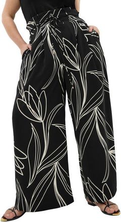 City Chic Shania Paperbag Waist Wide Leg Pants in Black Bloom at Nordstrom, Size Xxxs