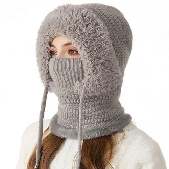 Generic 3 in 1 Beanie Hat for Women, Knitted Hats with Scarf and Mask, Womens Outdoors Windproof Scarf Hat (Grey)