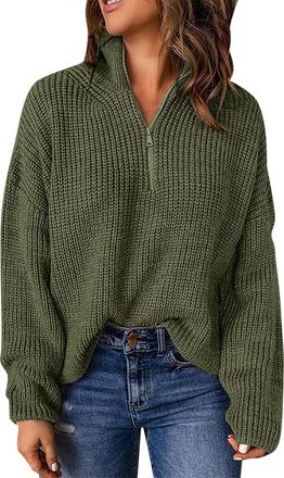 Generic Pullover Sweater For Women, Half Zip Jumper Ladies, Casual Turtle Neck Knit Tops, Solid Color Long Sleeve Sweaters Loose Versatile Cable Knitwear Vint
