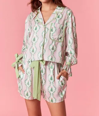 Peach Love California Under The Tree Satin Christmas Pajama Set In Pink/green