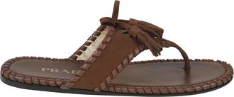 Prada Schoenen, Dames, Bruin, 37 1/2 EU, Leer, Sandalen met T-band en Kwastjes