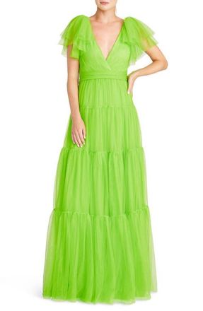 Monique Lhuillier Flutter Sleeve Tiered Tulle Gown in Halcyon Green at Nordstrom, Size 16
