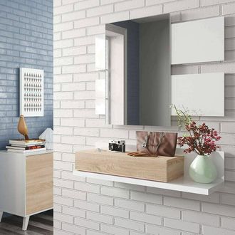 Dmora Dmora - Armario De Entrada Dcori, Hall De Entrada Suspendido Con Espejo, Mueble Con Caj&oacute;n Para Entrada, 75x29h90 Cm, Blanco Brillo Y Nogal
