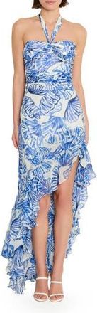 Amanda Uprichard Marabou Ruffle Halter High-Low Cocktail Dress in Blue Shell Print at Nordstrom Rack, Size X-Small