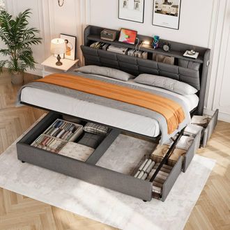 Merax Grey 5ft King Size Upholstered Ottoman Bed with Night Light & Drawer