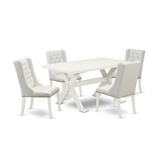 East West Furniture 5-Pc Dining Table Set Contains 4 White Pu Leather Dining Chairs Button Tufted with Nailhead and Wooden Dining Table