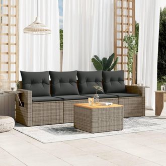 vidaXL Juego De Sof&aacute;s Jard&iacute;n Con Cojines 5 Pzas Rat&aacute;n Sint&eacute;tico Gris Vidaxl