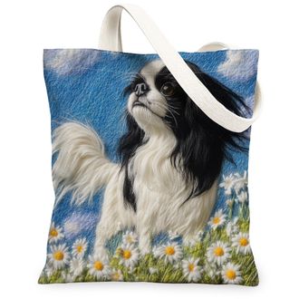 Generic Spring Japanese Chin Dog Canvas Tote Bag for Shopping 13x15, Knitting Style Garden Puppy Reusable Grocery Print Pattern Bag for Women, Fun Pet Beach A