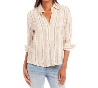 Karen Kane Melia Metallic Stripe Ruched Sleeve Shirt In Beige