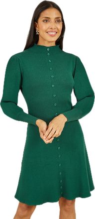 Yumi Green Knitted Button Up Midi Dress with Balloon Sleeves (UK, Alpha, M, Regular, Regular, Green)