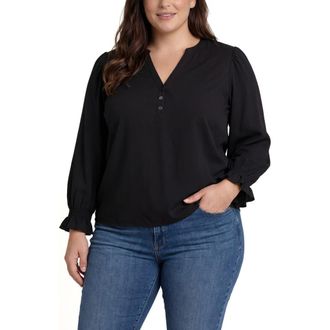 Liverpool L.A. Mixed Media Three-Quarter Sleeve Top in Black at Nordstrom, Size 3X
