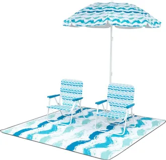 Costway 4 Pieces Beach Umbrella Set Portable Parasol w/2 Foldable Chairs-Blue