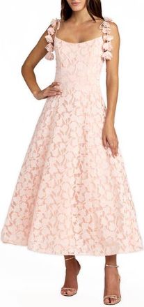 Mac Duggal Floral Net Tie Strap Scoop Neck A Line Midi Dress in Blossom Pink at Nordstrom, Size 14