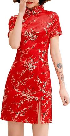 Generic Cheongsam Costume Short Sleeve Side Slit Floral Print Mandarin Collar Vintage Chinese Evening Mini Bodycon Cocktail Outfit, 145-1-red, L