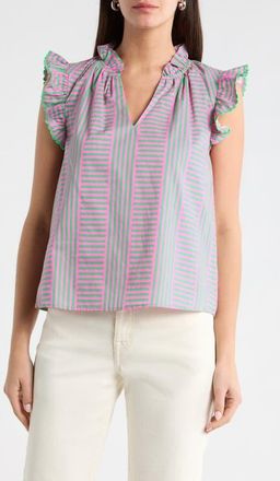 Sugarlips Valda Stripe Jazzy Flutter Sleeve Top in Pink-Green-Multi at Nordstrom, Size X-Large