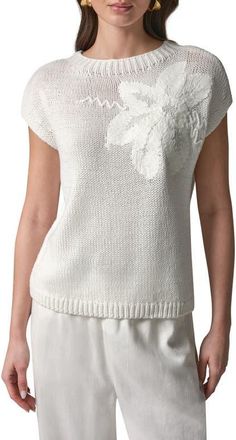 DKNY Floral Embroidered Short Sleeve Sweater in Cream/Cream at Nordstrom, Size X-Small