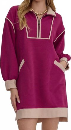 Entro Long Sleeve Collared Dress In Magenta