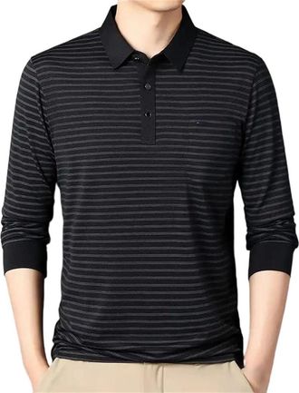 Generic Mens Polo Shirt Thin Long Sleeve Loose Fit Stripe Tee Casual Lapel Shirts Tops Black