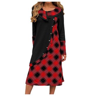 Generic Patchwork Dresses for Women UK Checkered Patchwork Dress Long Sleeve Solid Plaid Checkered Print Pleated Casual Tunic Retro Dresses midi Dress for Wom