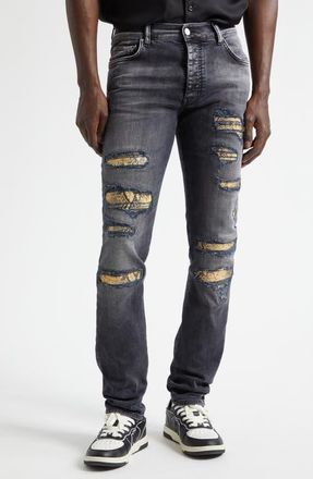 Amiri Snake Thrasher Ripped & Repaired Stretch Denim Skinny Jeans in Storm Black at Nordstrom, Size 36