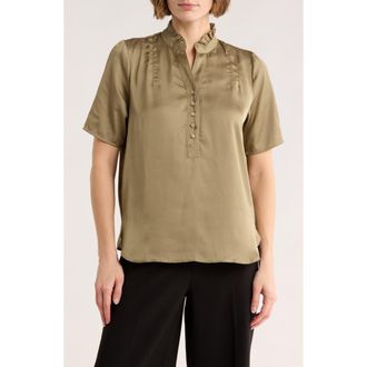 T Tahari Ruffle Split Neck Short Sleeve Top in Light Olive at Nordstrom Rack, Size X-Small
