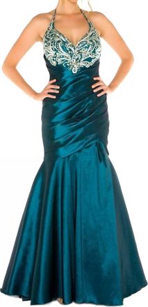 Mac Duggal Halterneck Beaded Mermaid Gown In Teal