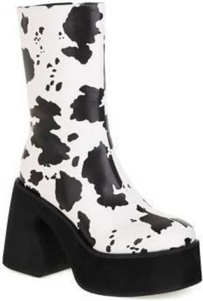 Generic Womens Square Toe Short Boots PU Leather Mid-Calf Boots with Side Zipper Block Heel Platform Combat Boot,Cow Print,5.5 UK