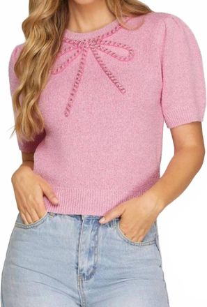 She + Sky Darling Bow Knit Sweater Top In Pink