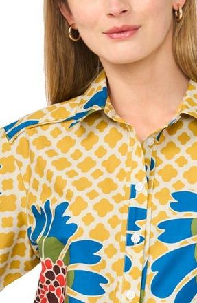 Halogen Floral Print Short Sleeve Cotton Button-Up Shirt in Blue Multi Flower at Nordstrom Rack, Size Medium