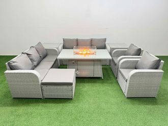 Fimous PE Rattan High Back Lounge Sofa Set Patio Firepit Dining Table & Chairs Set w/ 3 Seater Sofa Reclining Chair Big Footstool 2 Side Table Light