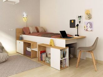 Vente-Unique Combined Bed 90 X 200 Cm With Desk & Storage - White & Natural in Light Oak | Size: Single