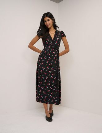 Nobody's Child Black Floral Ginny Midi Wrap Dress