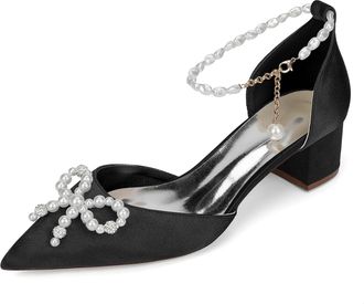 Generic Wedding Shoes Women Low Heel Bridal Satin Chunky Heels Dress Shoes Wedding Ankle Strap Evening Pumps 4.5Cm,Black,10 UK
